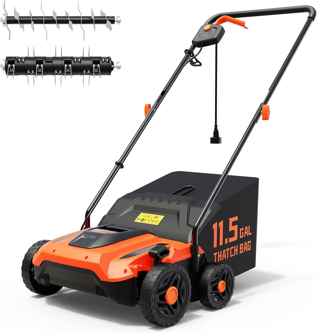 14-Inch 13.5 Amp 2-in-1 Electric Dethatcher and Scarifier with 11.5-Gallon Collection Bag, Lawn Dethatcher with
