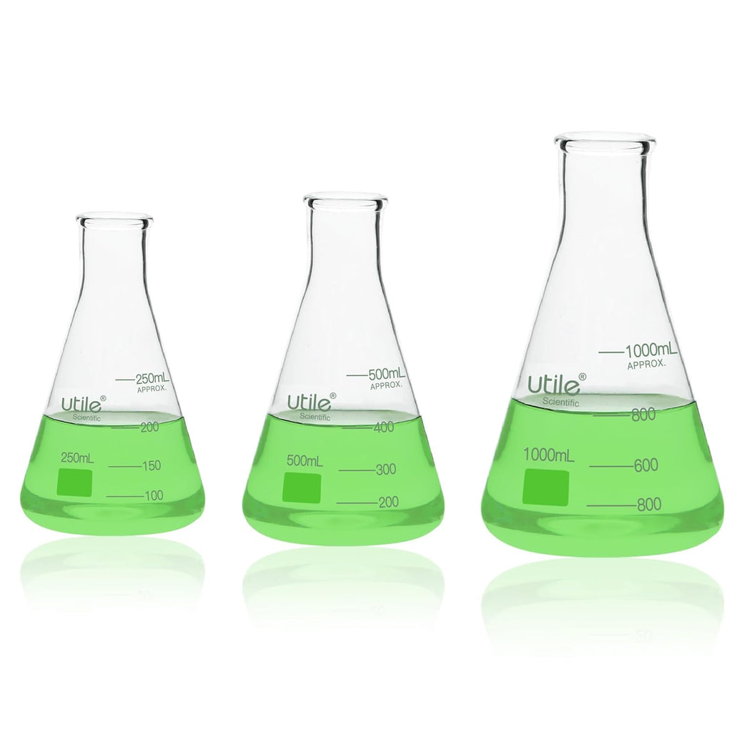 3pcs of Glass Erlenmeyer Flask Set, 250ml 500ml 1000ml Narrow Mouth Erlenmeyer Flasks, Borosilicate 3.3 Glass Conical