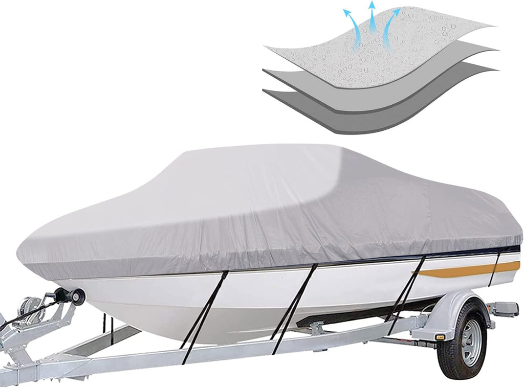 iCOVER Trailerable Boat Cover- 16'-18.5' Heavy Duty Waterproof Tarp Covers with Storage Bag, Fits V-Hull, Fish&Ski