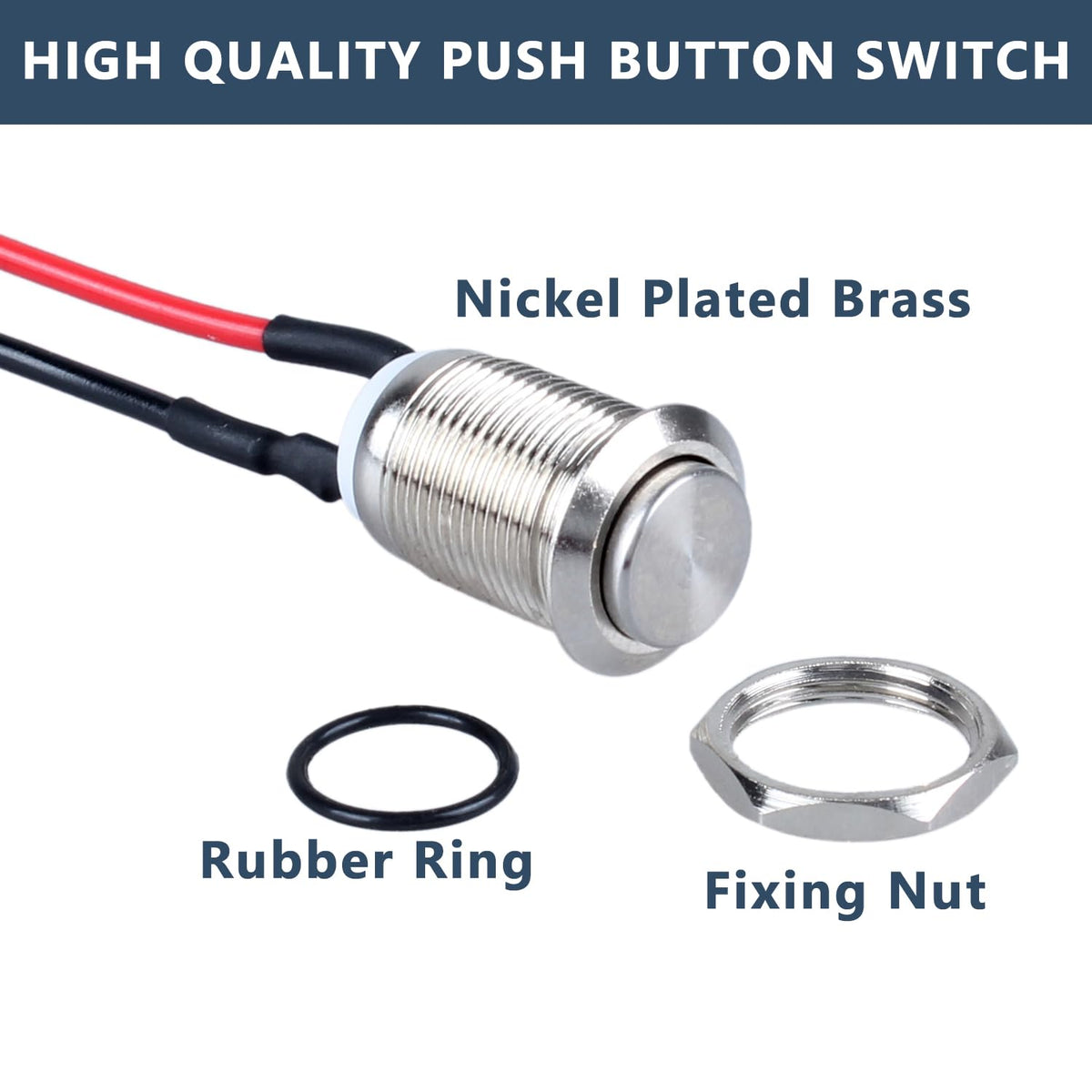 2-Pack 12mm Momentary Metal Waterproof Push Button Switch Raised Head 1/2" Mounting Hole with Pre-soldered Cable 250V 2A 1NO