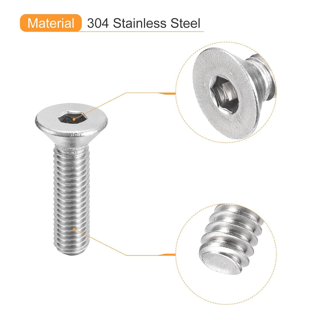 uxcell #10-32x3/4 Flat Countersunk Head Socket Cap Screws, 20Pcs 304 Stainless Steel Hex Socket Flat Head Screws, Full Thread, Countersunk Bolts