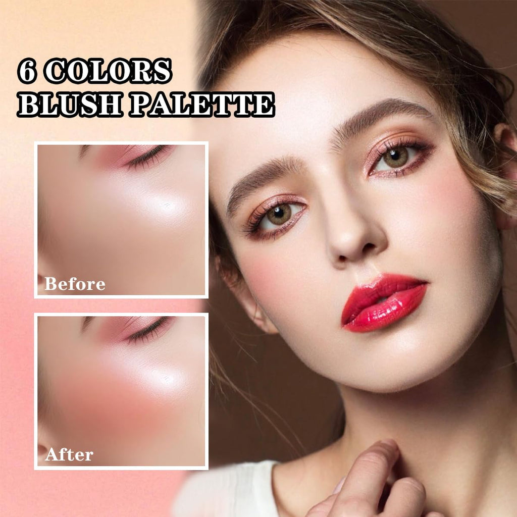 6-Colour Blush Palette, Long Lasting High Pigment Matte Pressed Powder Blush for Cheeks, Matt Shimmer Pressed Powder