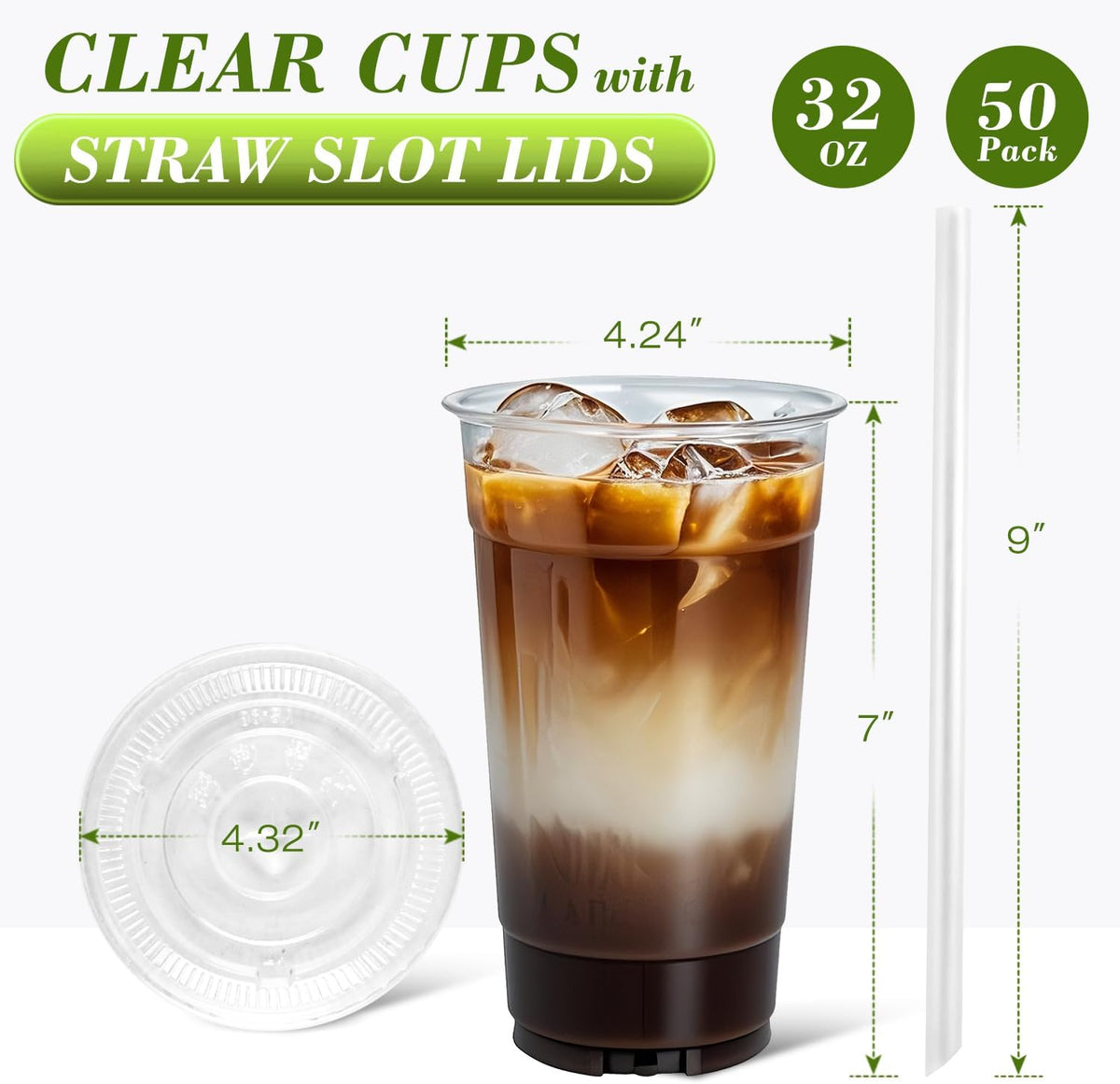 32 oz Clear Plastic Cups with Lids and Jumbo Straws