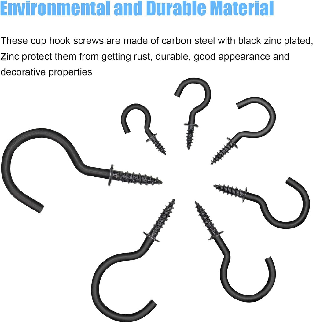 136PCS 7-Sizes Screw-In Hook Kit, Black Zinc Plated Cup Hooks for Home, Office & Workplace (1/2", 5/8", 3/4", 7/8"