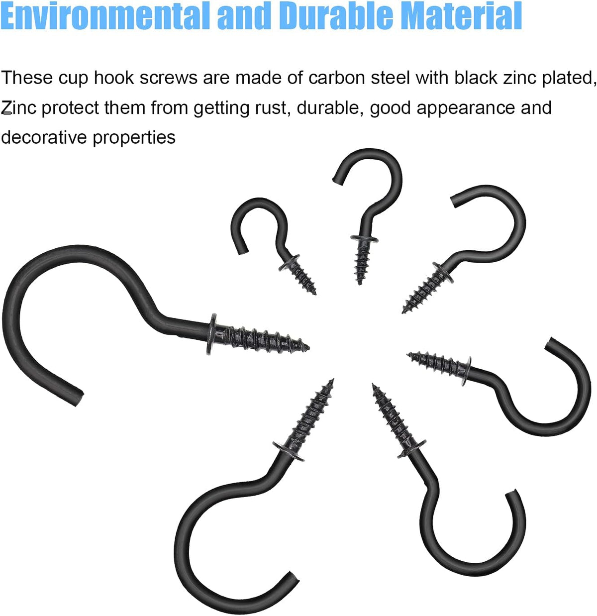 136PCS 7-Sizes Screw-In Hook Kit, Black Zinc Plated Cup Hooks for Home, Office & Workplace (1/2", 5/8", 3/4", 7/8"