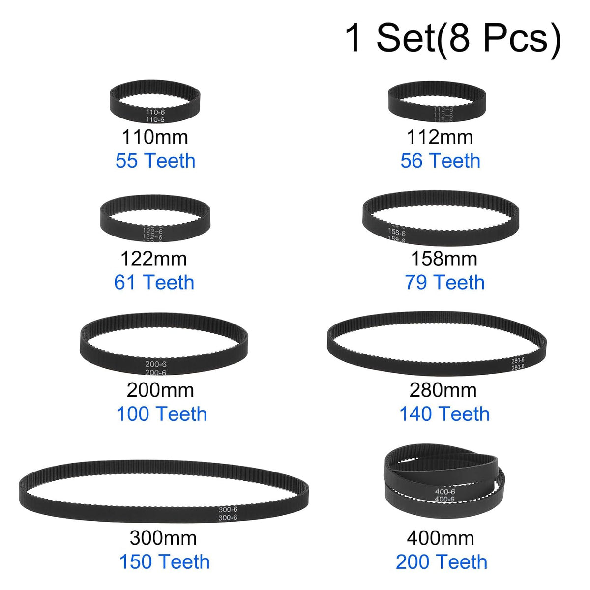 uxcell 8pcs 2GT Closed Loop Timing Belt Assorted Size 110mm 112mm 122mm 158mm 200mm 280mm 300mm 400mm Length, 6mm Width, 3D Printer Timing Belts