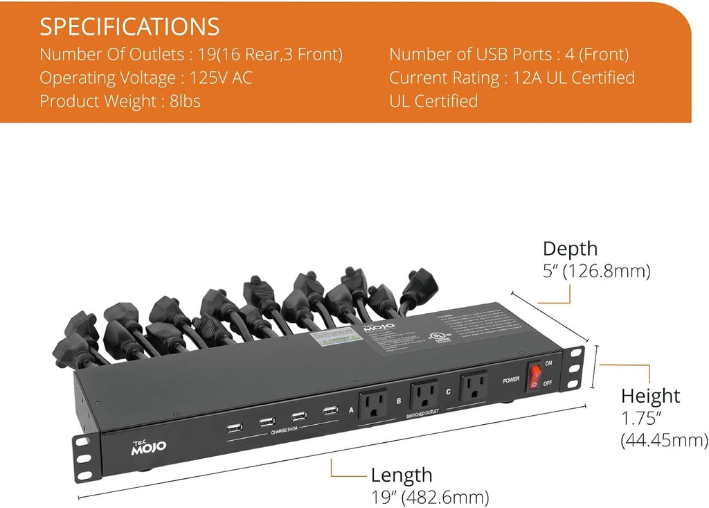 1U Rack Mount 19 Outlet PDU Power Distribution Unit Circuit Breaker fits 19-inch AV/Network/Server