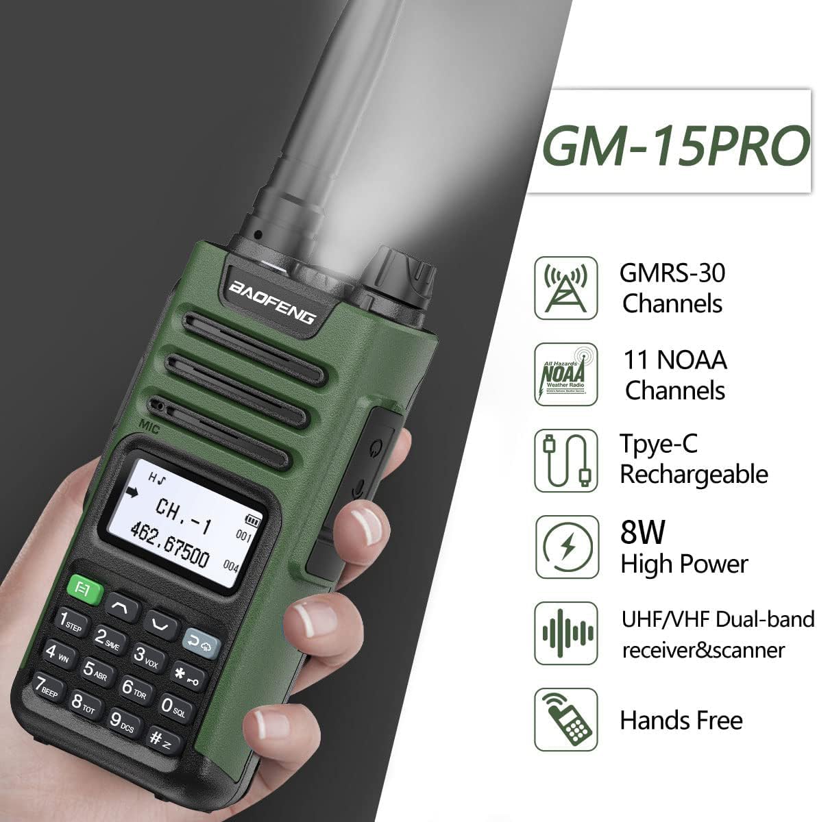GMRS Radio Handheld Long Range GM-15 Pro 8W Walkie Talkie with Earpiece NOAA Weather Receiver Rechargeable GMRS
