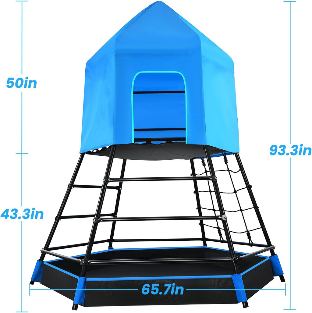 Jungle Gym with Platform and Tent, Climbing Toys with Monkey Bars for Kids, Metal Outdoor Play Equipment