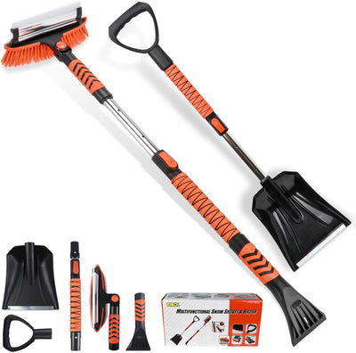 42'' Ice Scraper and Extendable Snow Brush Emergency Snow Shovel Snow Broom with Foam Grip 180° Pivoting Brush Head
