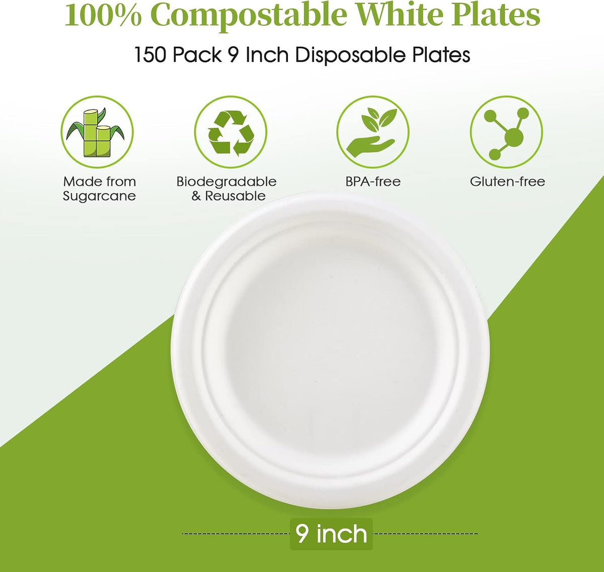 9 in 150 Pack White Compostable Disposable Paper Plates for Party