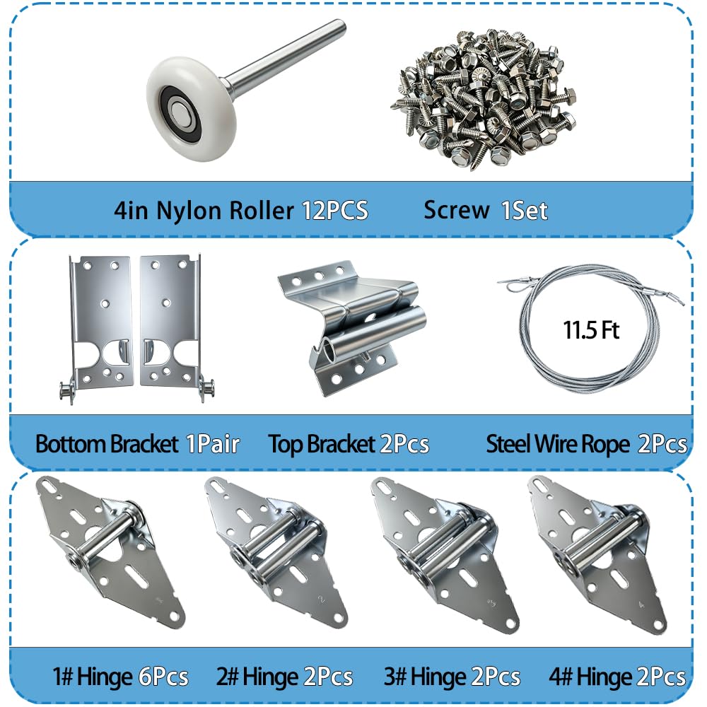 Garage Door Hardware kit, for 8' Height Garage Doors,Includes Rollers/Hinges/Bottom Bracket/Top Bracket/Wire Rope/Screw Pack