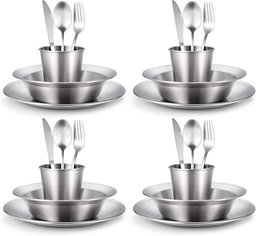 Stainless Steel Camping Mess Kit for Family & Person | Cooking Tableware Utensils with Plates Bowls Forks Spoons