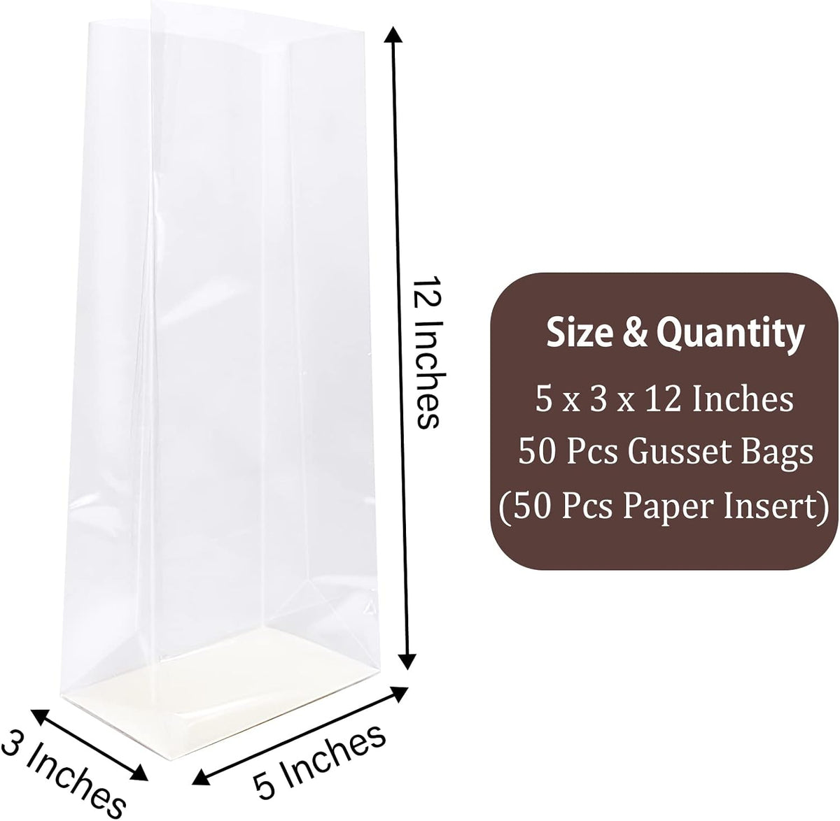 Gusseted Flat Bottom Cellophane Bags 5x3x12 In 50Pcs