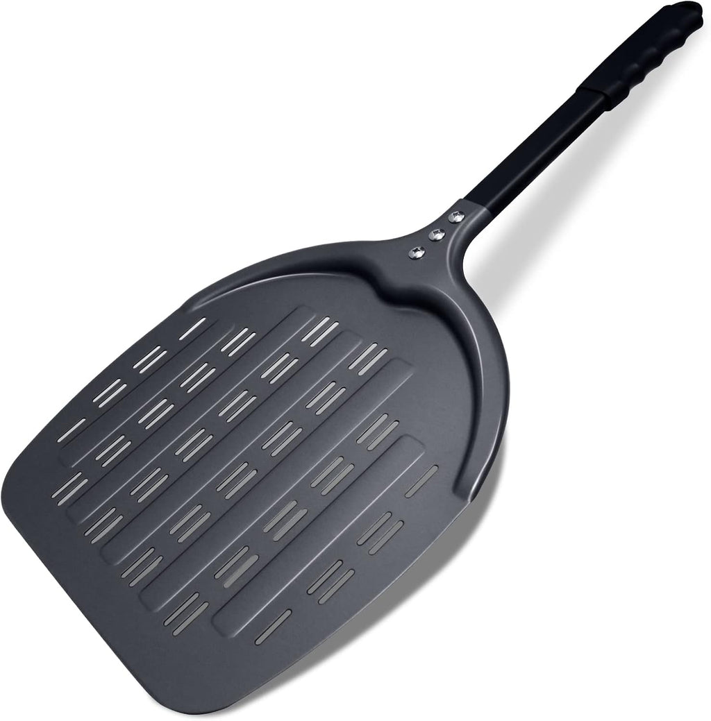 Professional Aluminum Pizza Paddle, 12 Inch Perforated, Restaurant Grade, Long Handle Non-Stick Metal Pizza Peel for