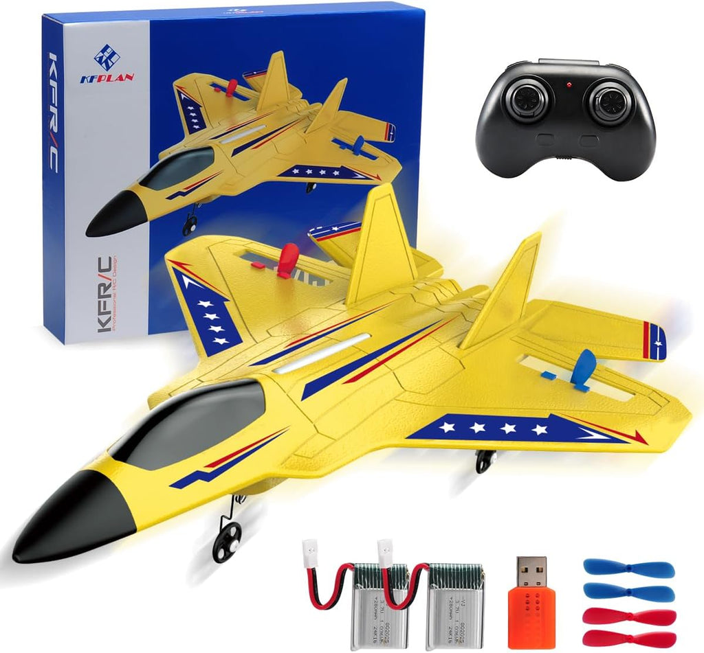 F22 RC Plane Easy to Fly Foam Jet Toy Gift for Kids Beginner, Yellow | 2.4GHz, 2CH, Gyro Stabilizer, LED Light, 2