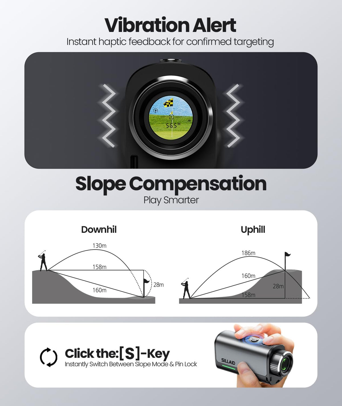 Golf Rangefinder with Slope, 23mm Large Objective Lens Laser Rangefinder, 0.02s Fast Measurement, 7X Magnification
