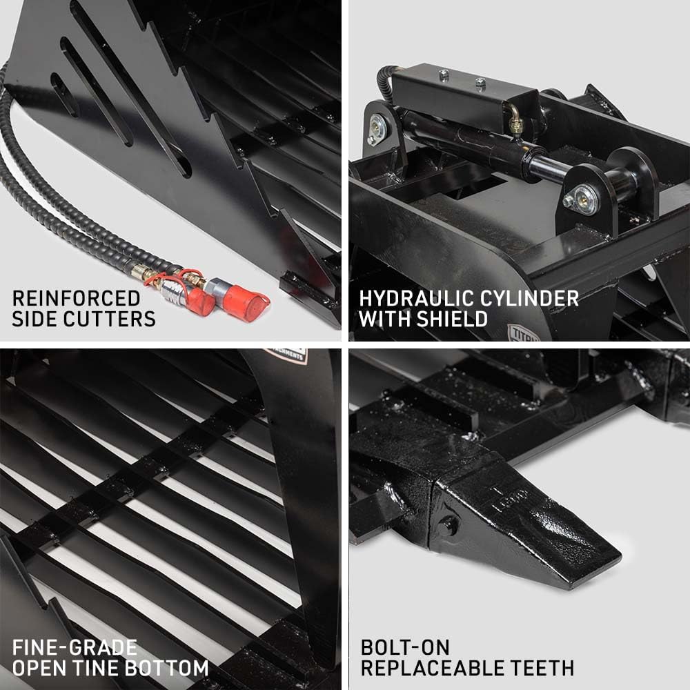 Mini Skid Steer Skeleton Rock Grapple Rake with Bolt-On Teeth, Toro Style Mounting System, Reinforced Side Cutters