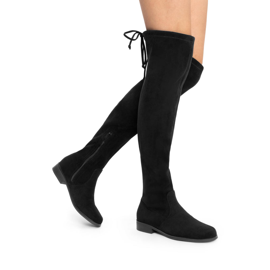 Women's Thigh High Low Block Heel Knee Boots,Black-Suede,9