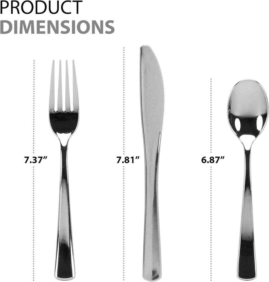 Plastic Cutlery Silverware Extra Heavyweight Disposable Flatware, Full Size Cutlery Combo, Polished Silver, 80 Forks