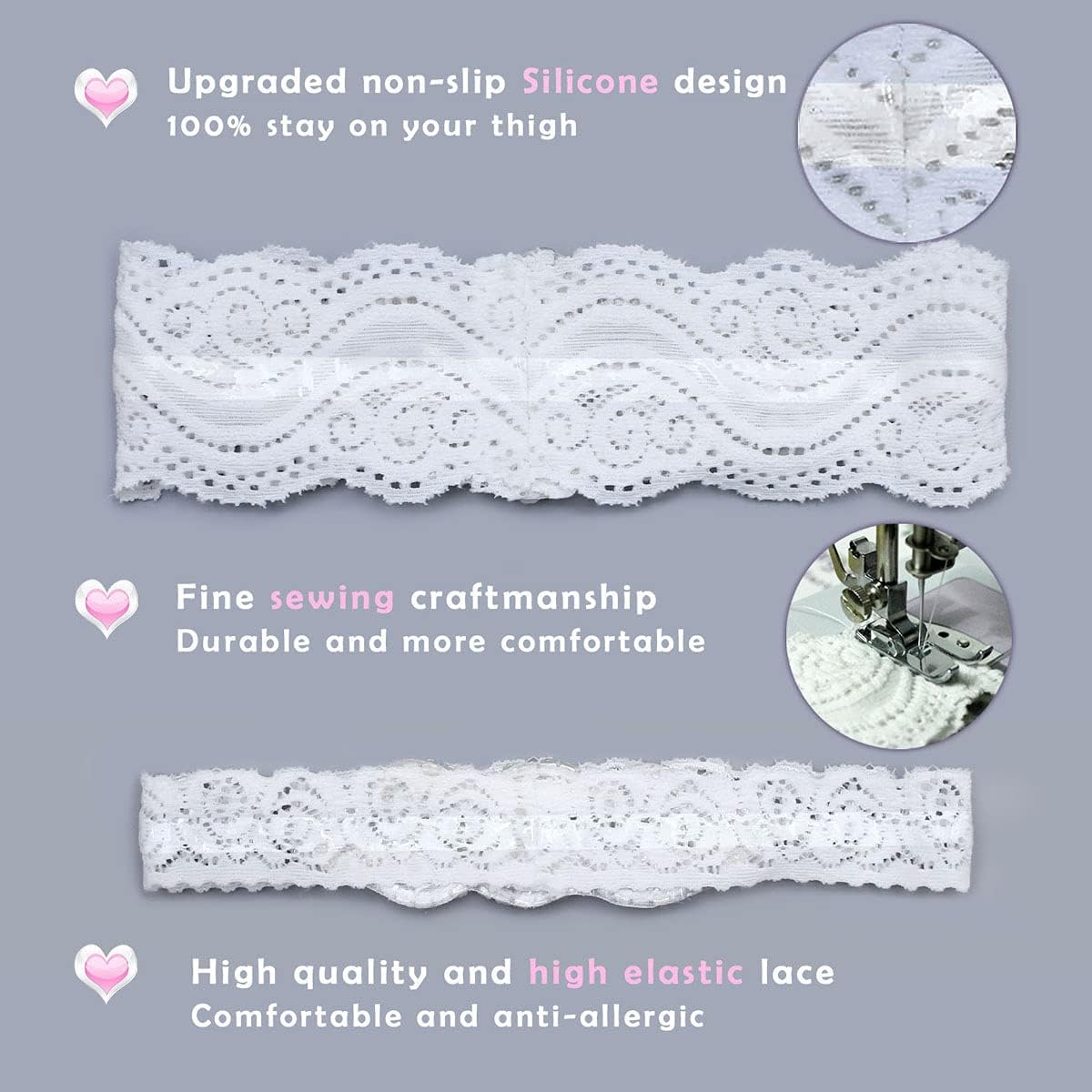 Wedding Garters for Bride with Non-Slip Silicone, Lace Bridal Garter Set with Clear Rhinestones Crystal Pearl