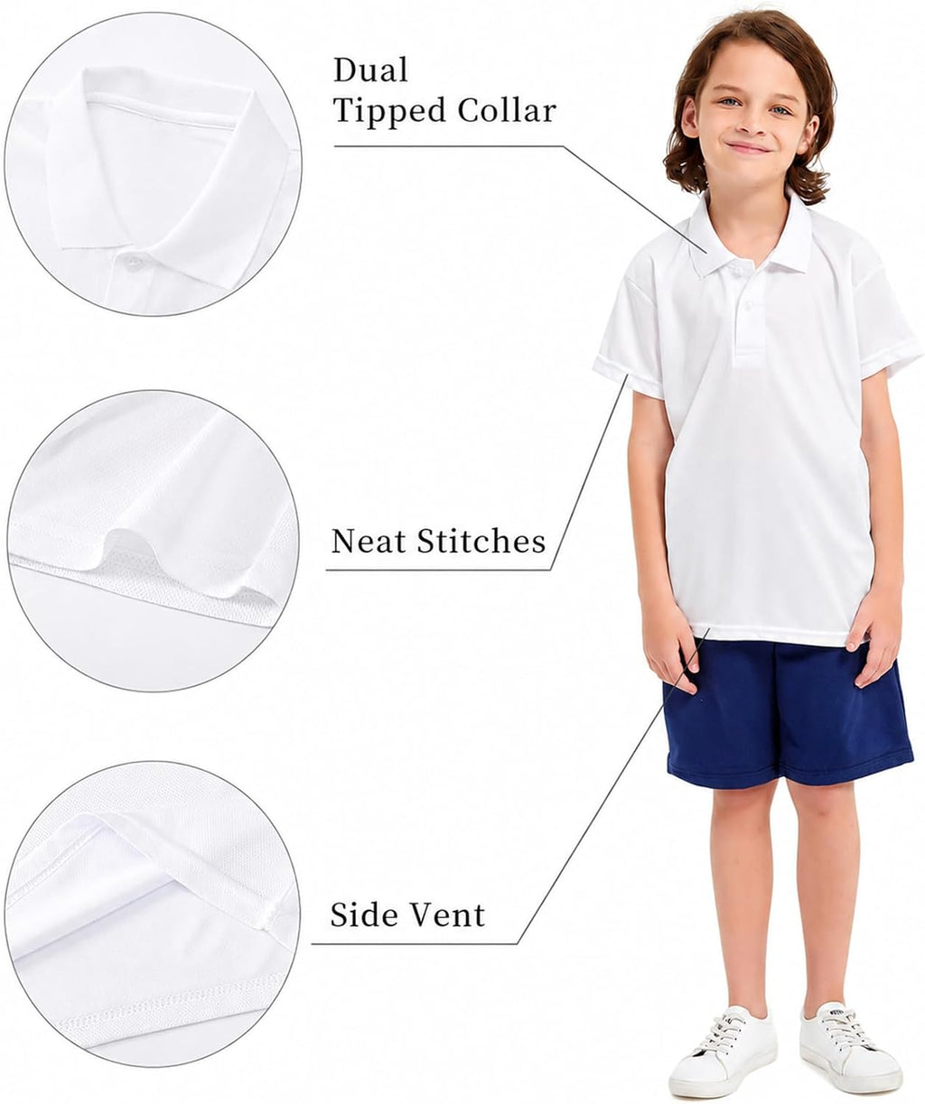 4-Pack Quick Dry Boys Polo Shirts Mesh Active Boys Uniform Shirts Age 5-16Y | Kids Polo Shirts for Boys,Button