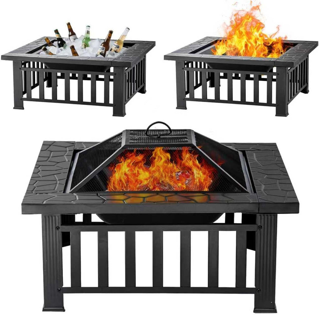 Fire Pit Table 32 Inch Square Metal Stove for Patio, Backyard