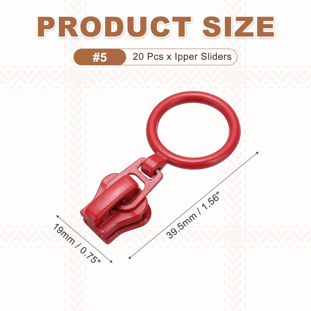 20Pcs Zipper Sliders, #5 Metal Zipper with Zip Pull Loop Red