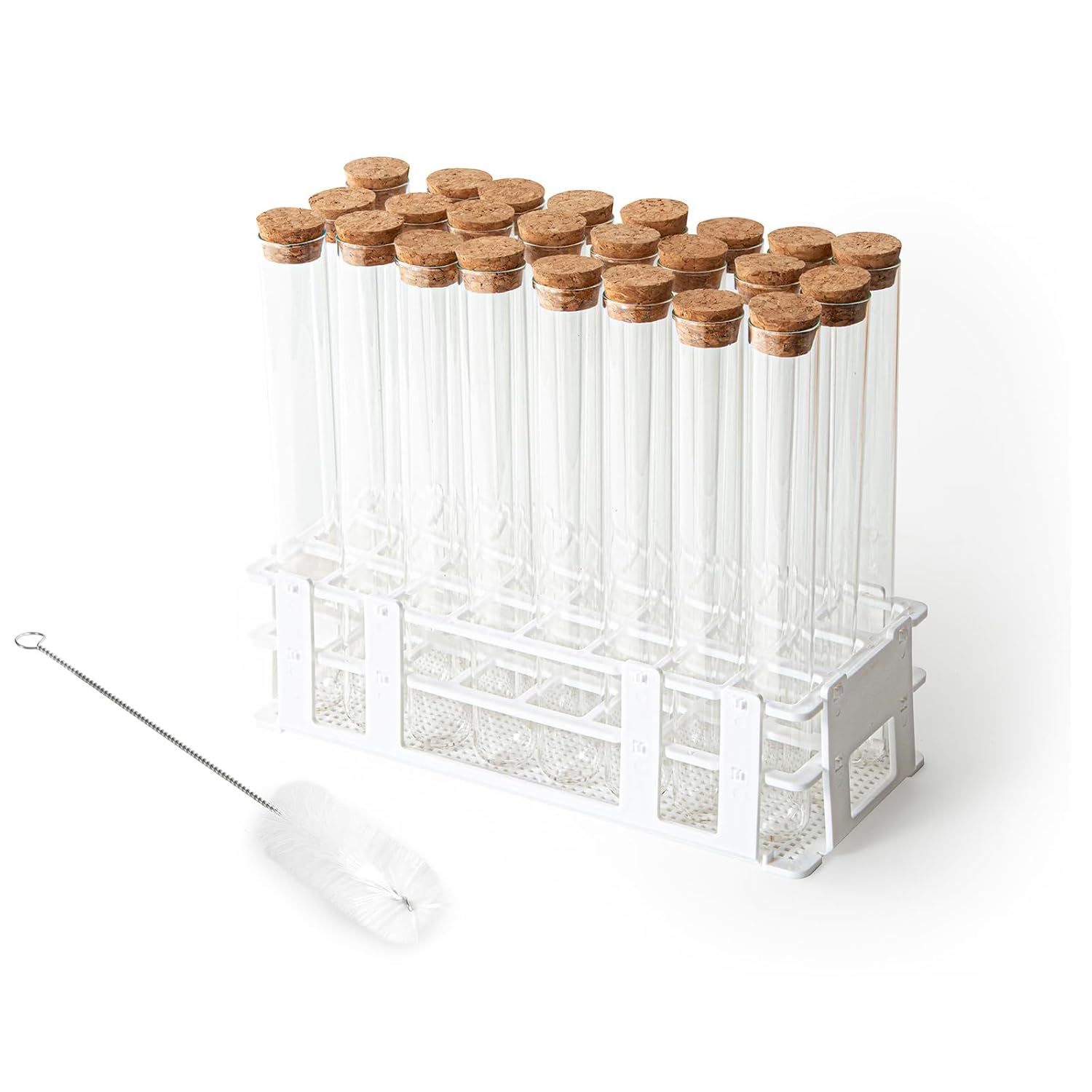 Glass Test Tube Set 24pcs 80ml Glass Test Tubes 25 x 200mm with Cork Stoppers and 1pcs 24 Holes Plastic Tubes Rack