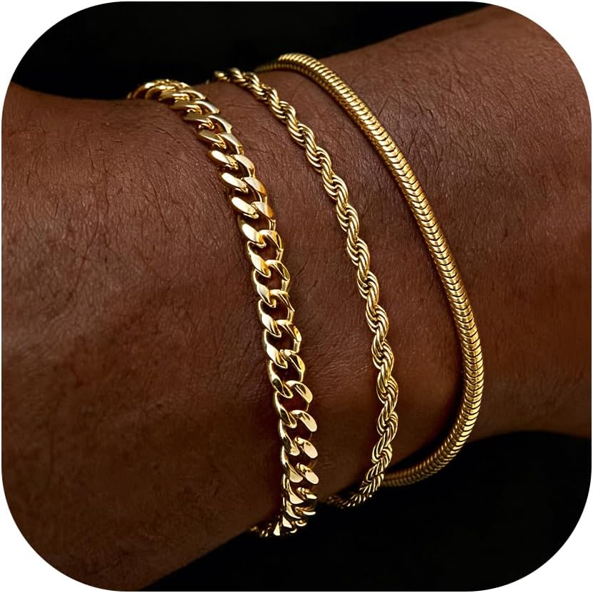 Gold Bracelets for Men Trendy - Dainty Gold Plated Stainless Steel Snake Link Bracelet Stack Rope Figaro Herringbone