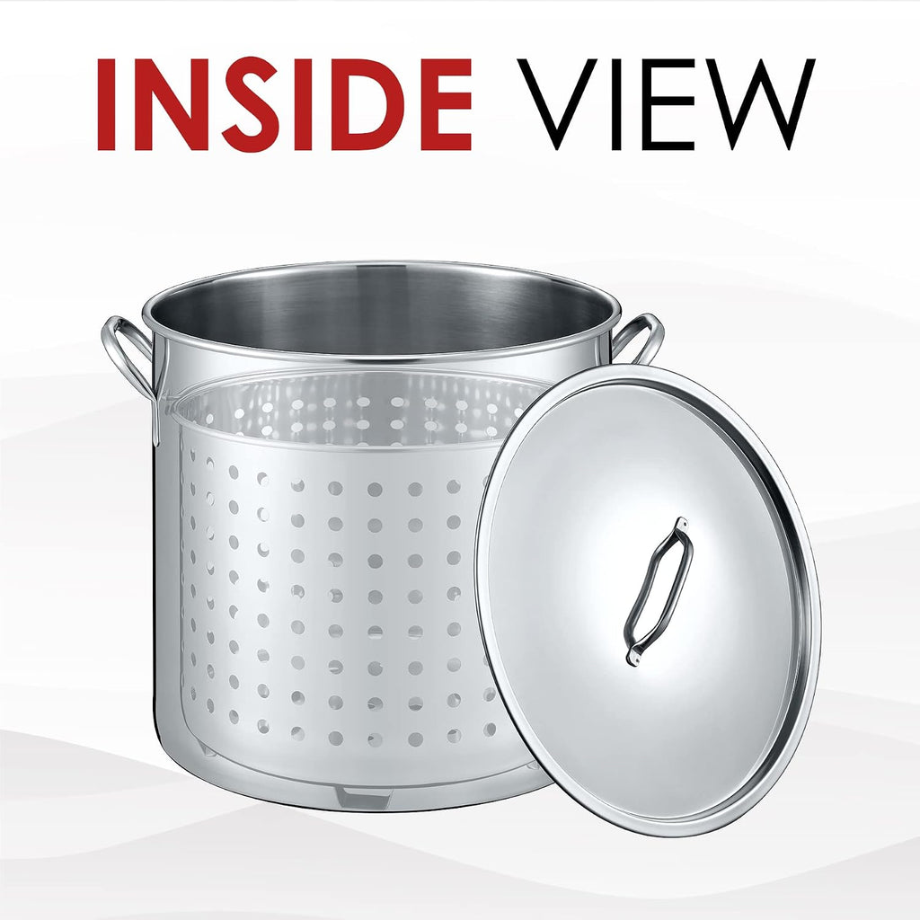 53 QT Stainless Steel Stock Pot w/Basket. Heavy Kettle. Cookware for Boiling