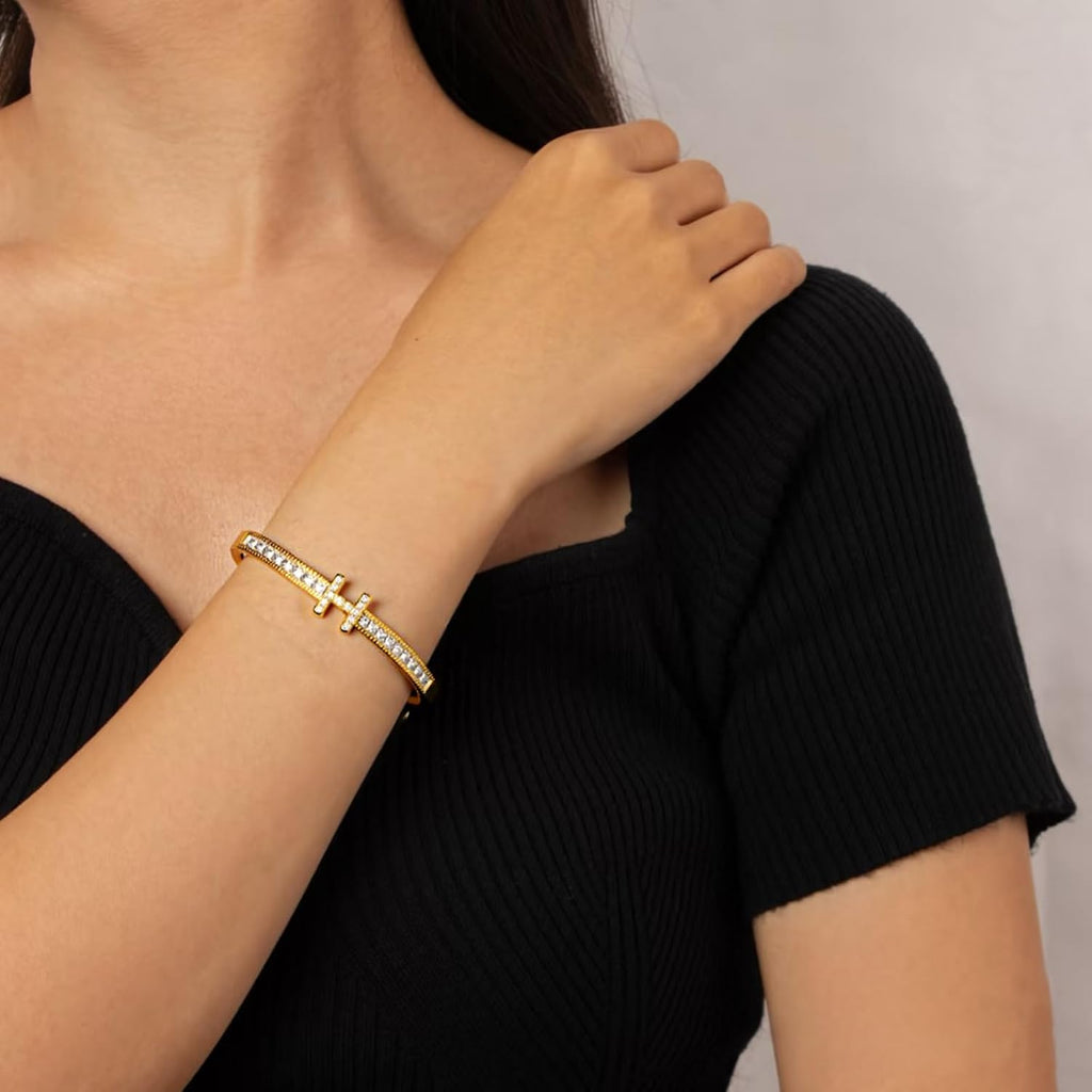 Gold Bracelets for Women, 18K Gold Plated Women H Bracelet, Dainty Non-Tarnish Silver Bangle Bracelet Stack Love