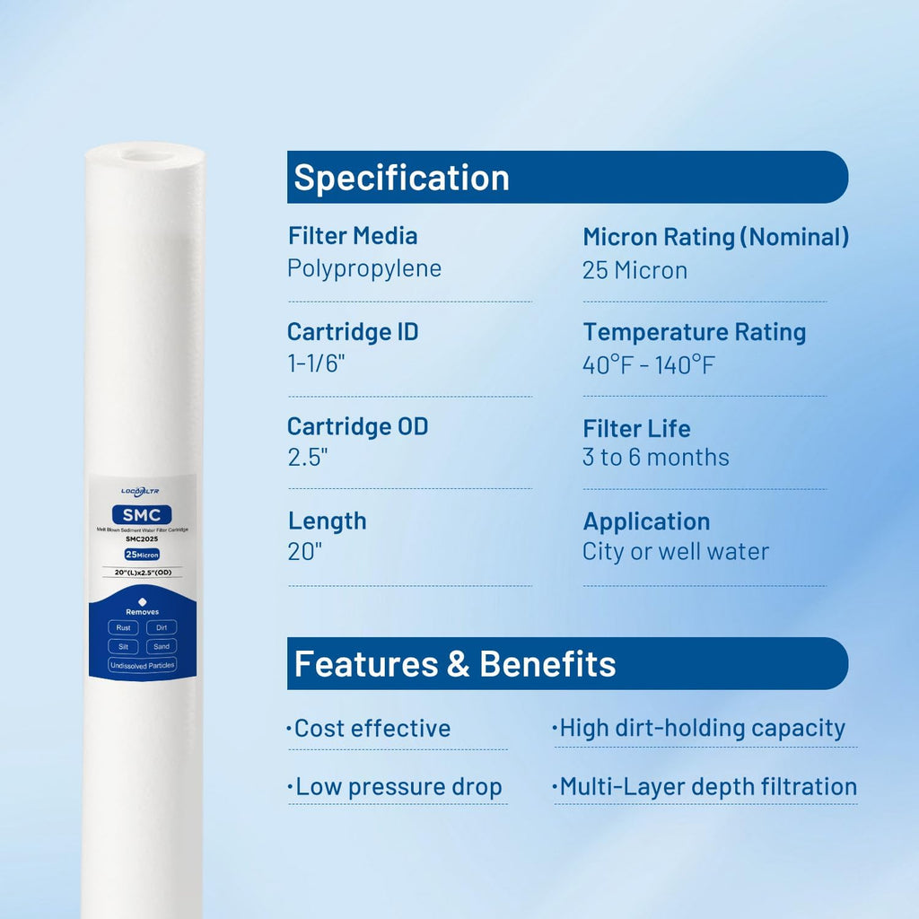 20" x 2.5" 25 Micron Whole House PP Sediment Water Filter Cartridge, 6 Pack