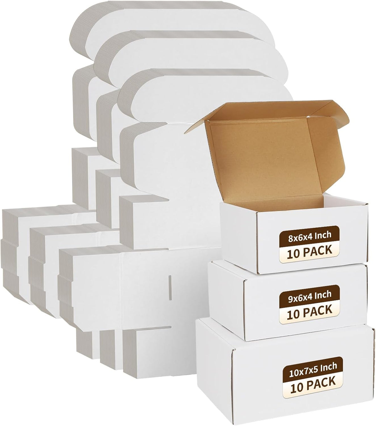 30 Pack Assorted Sizes Shipping Boxes, 10X7X5 & 9X6X4 & 8X6X4 Small shipping box White, 10 PCS Each Corrugated
