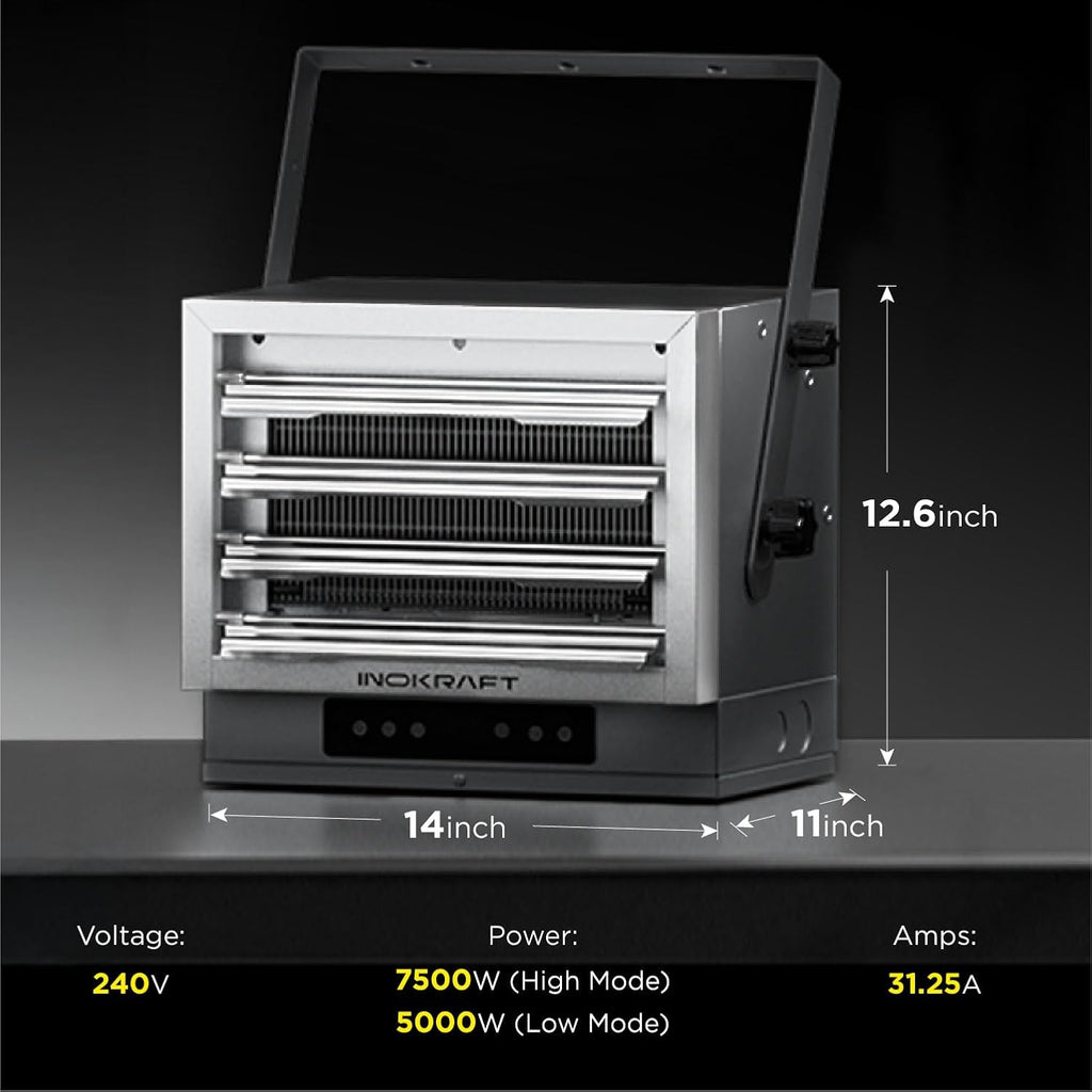 7,500W Electric Garage Heater, Wire: 8 AWG, Plug: NEMA 14-50P, Remote, Ceiling Mount, Digital Thermostat, 240 Volt