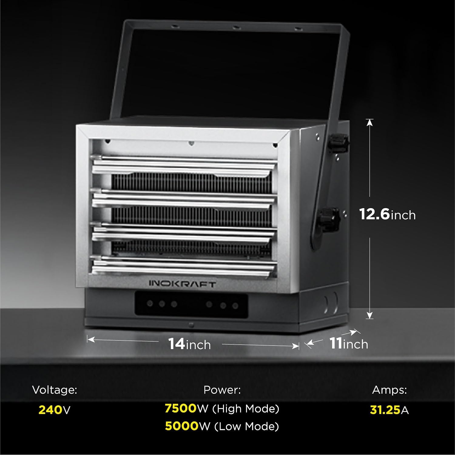7,500W Electric Garage Heater, Wire: 8 AWG, Plug: NEMA 14-50P, Remote, Ceiling Mount, Digital Thermostat, 240 Volt