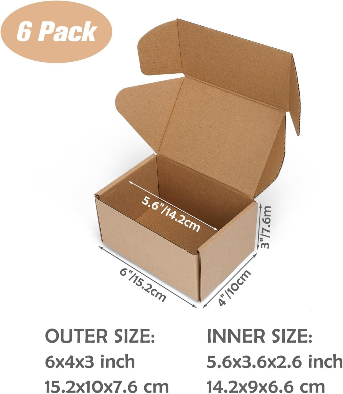 6x4x3 inch Small Shipping Boxes, Set of 6 Mailing Boxes, Brown