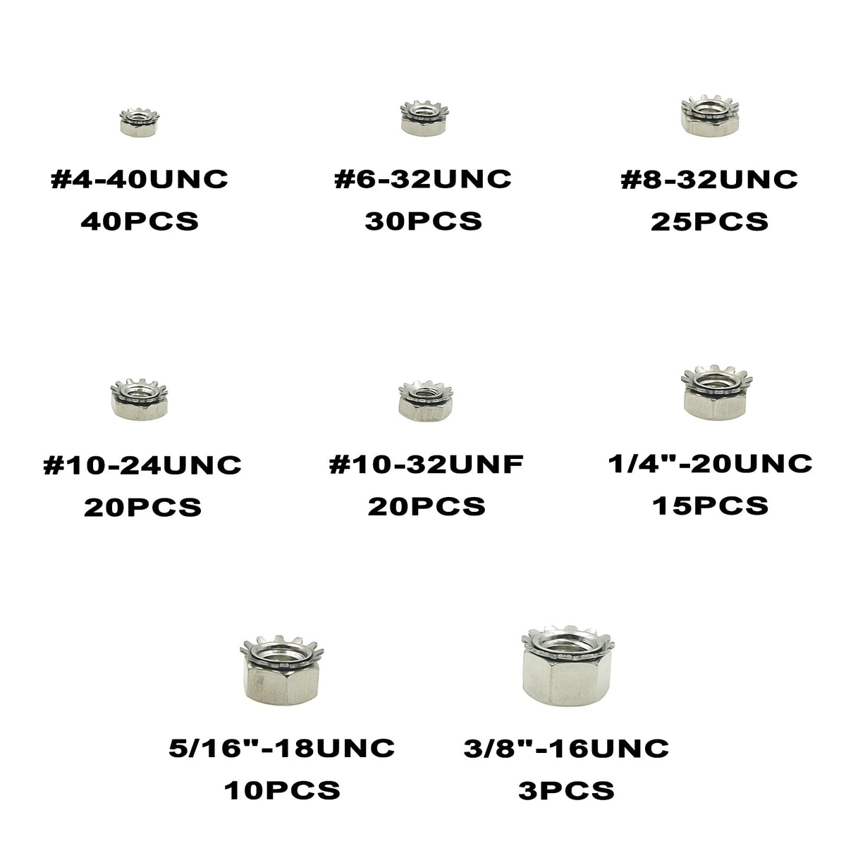 MCMASKE 163PCS Stainless Steel SAE Keps K-Lock Nuts #4-40 to 3/8"-16 Kit