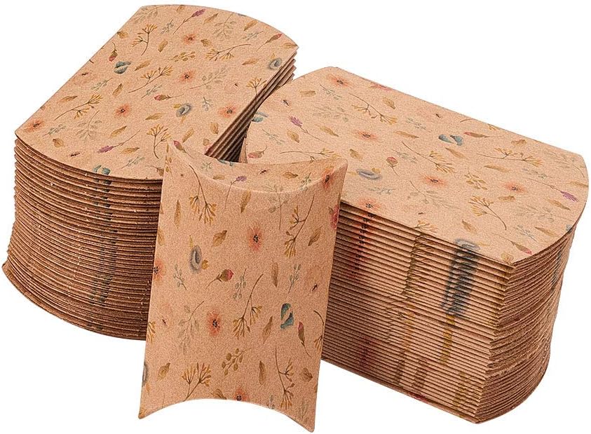 100 Pcs 3x2 Inch Vintage Kraft Paper Pillow Candy Packaging Box Flower Pattern Box Rustic Gift Boxes for Wedding