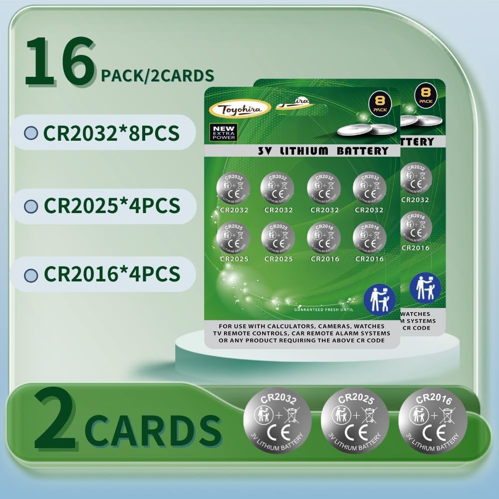 CR2032 Lithium 3v Coin Battery Assorted cr2025 cr2016 Battery, 16 Pack (cr2032 Batteries 8PCS, CR2025 4PCS, CR2016