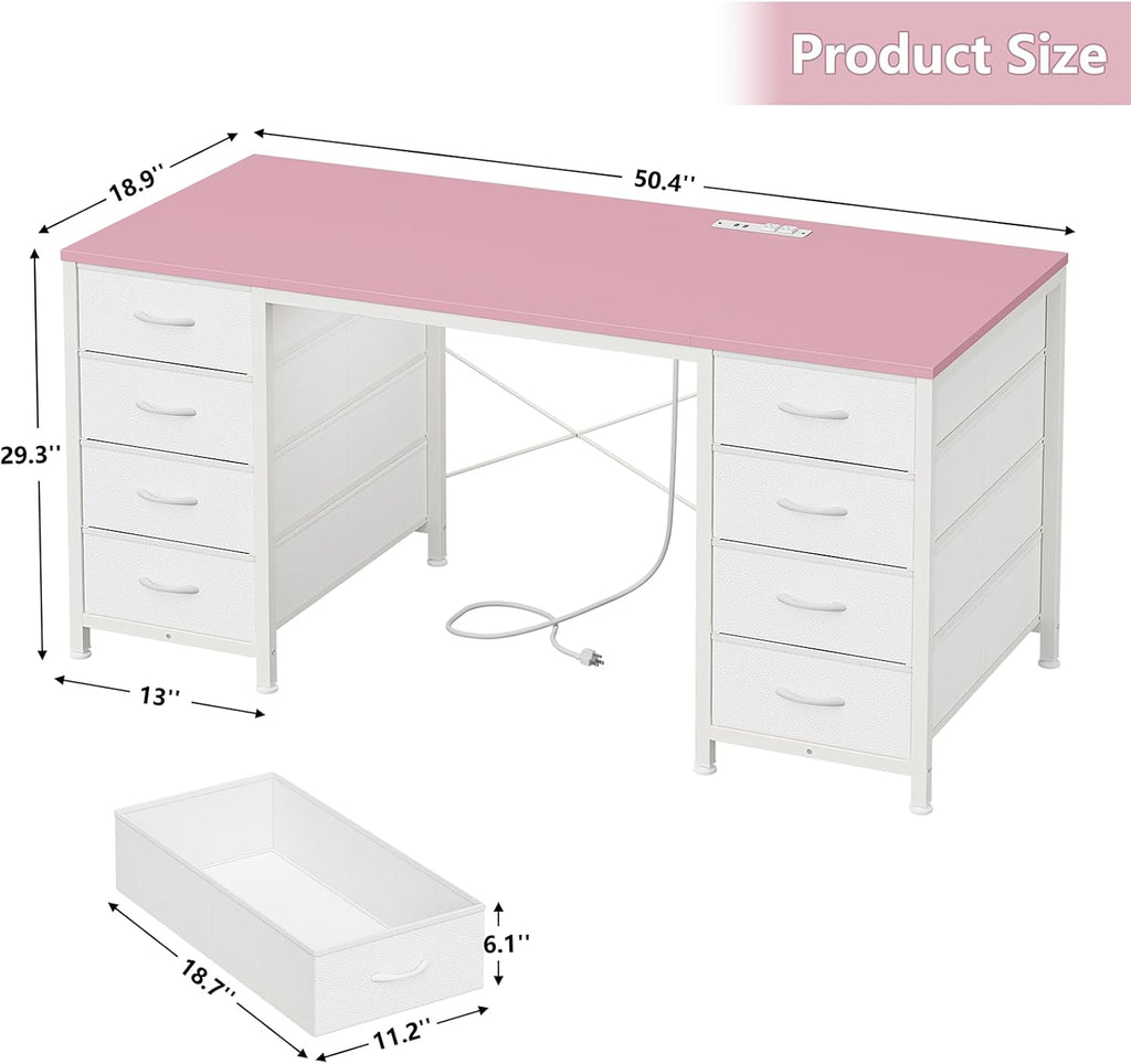 50 Inch Computer Desk with 8 Drawers, Home Office Desk with Power Outlets, Work Study Gaming Desk with 8 Fabric