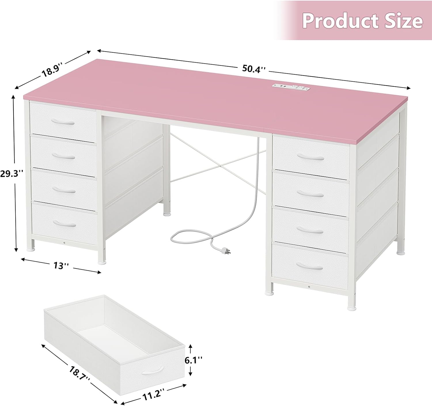 50 Inch Computer Desk with 8 Drawers, Home Office Desk with Power Outlets, Work Study Gaming Desk with 8 Fabric
