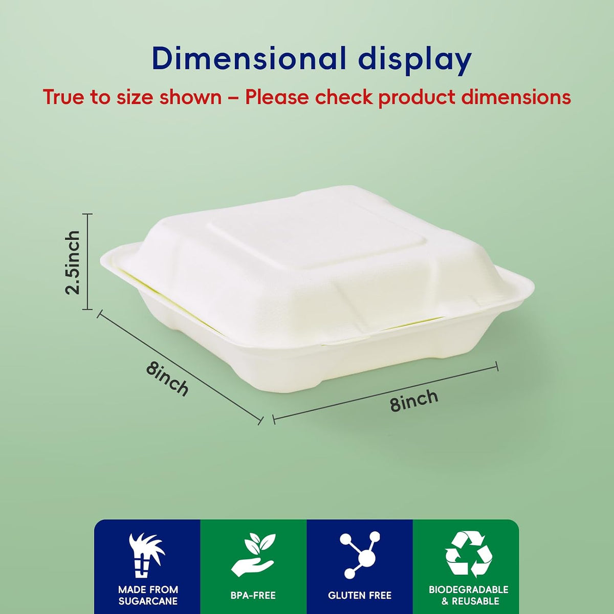 8" Sugarcane to go food containers, 3-Compartment Clamshell Food Containers