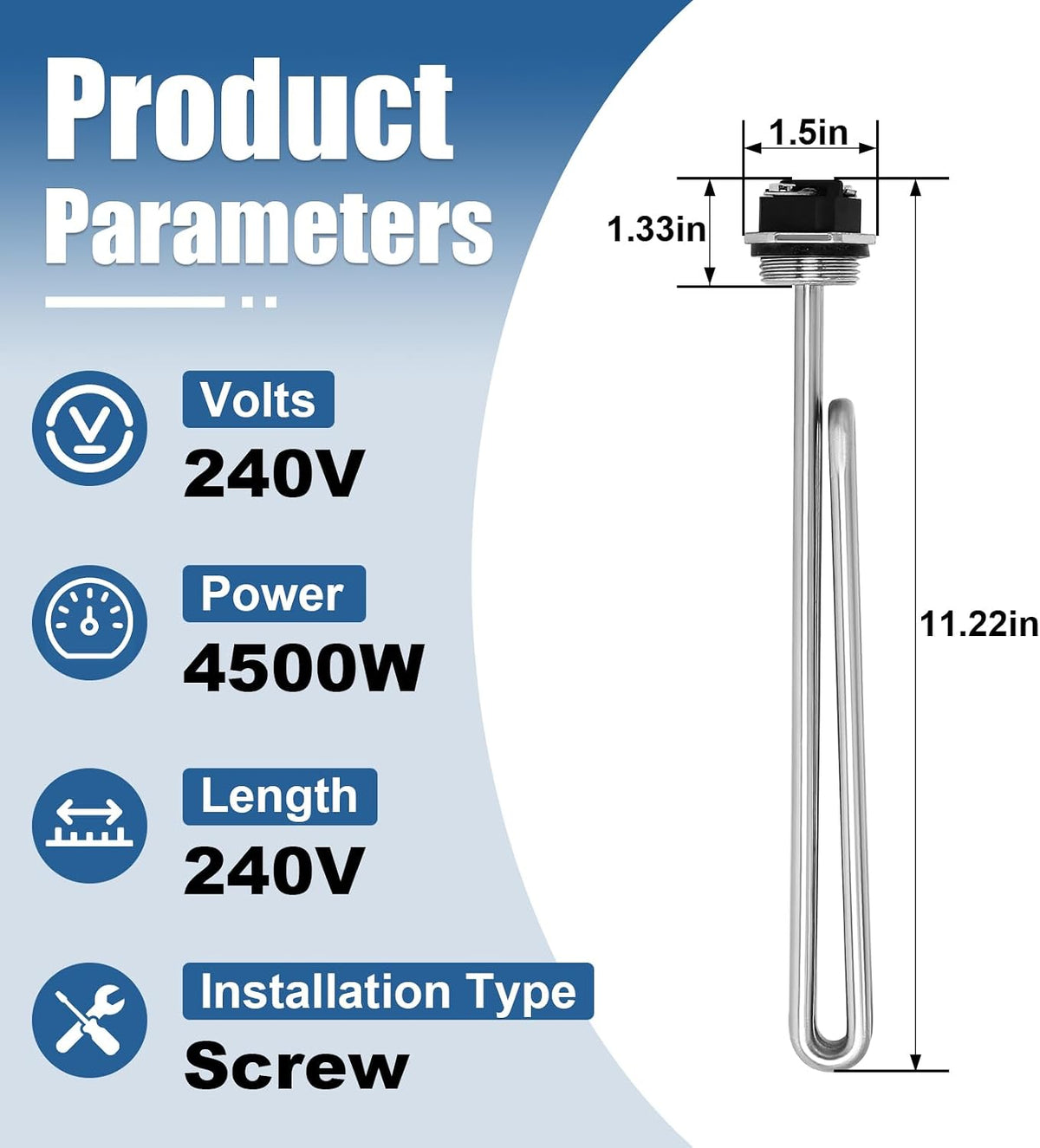 Water Heater Element 4500W, Screw-In Foldback Heating Element Compatible