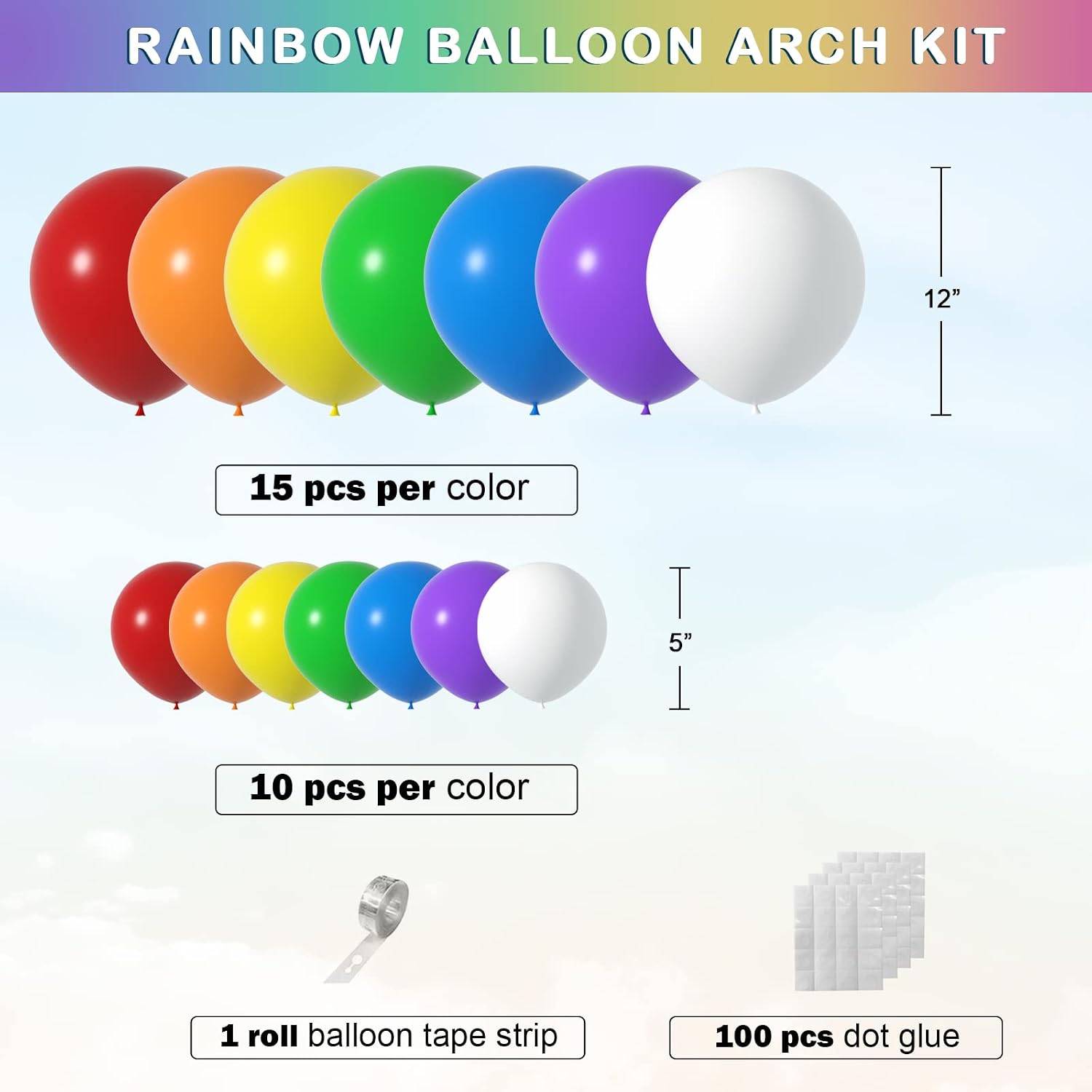 Rainbow Balloons Arch Kit - 175 Pcs party balloons ， balloons for birthday party ， balloon assorted colors ，kids'
