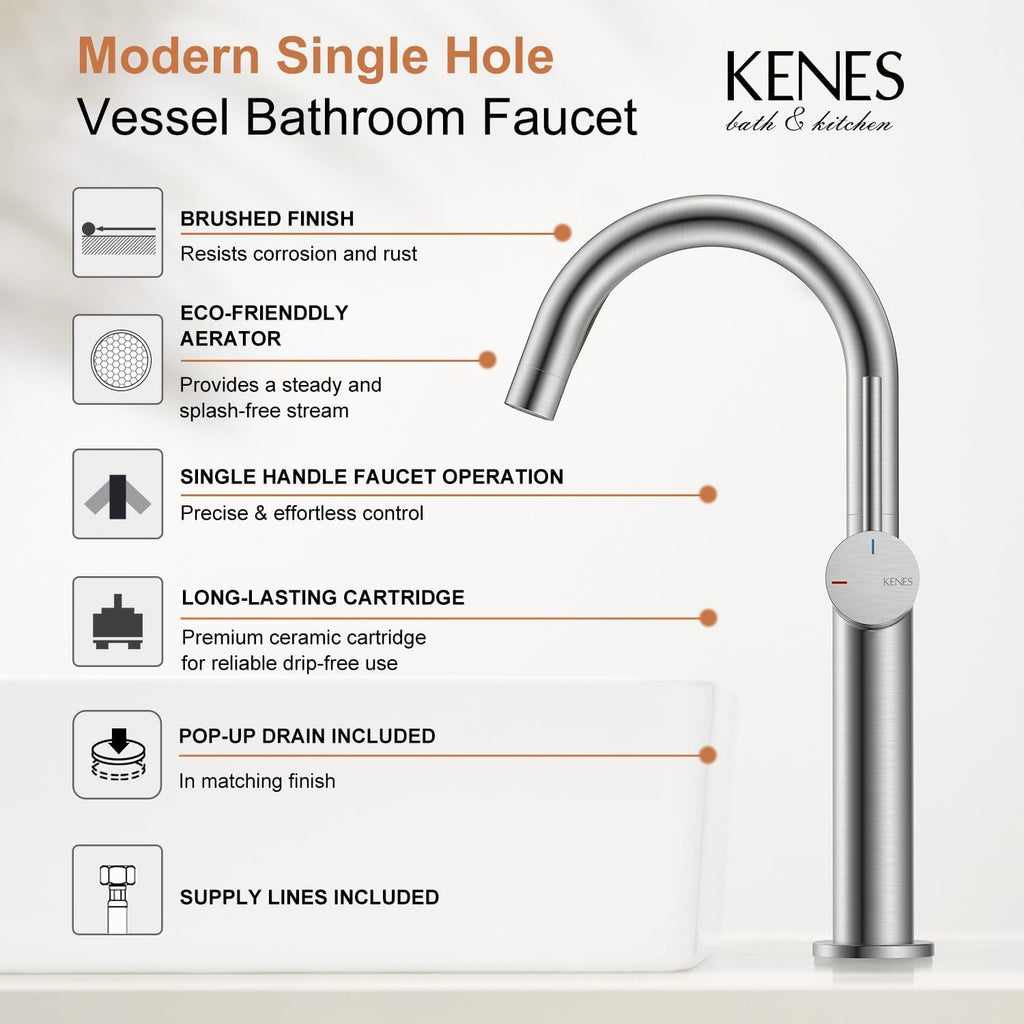 Brushed Nickel Vessel Sink Faucet Single Handle, Tall Bathroom Faucet
