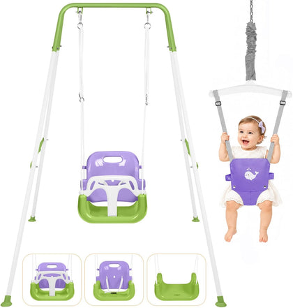 4-in-1 Toddler Swing Set & Baby Jumper and Bouncer for Toddlers, Foldable Baby Swing Stand for Outdoor Indoor Play