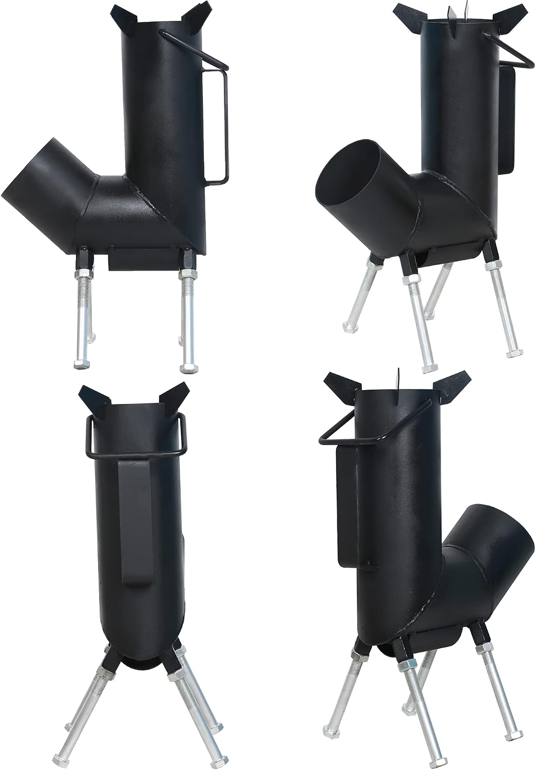 Rocket stove with handle, A portable wood burning camping stove with a fire poker & tongs. wood burning Rocket stove