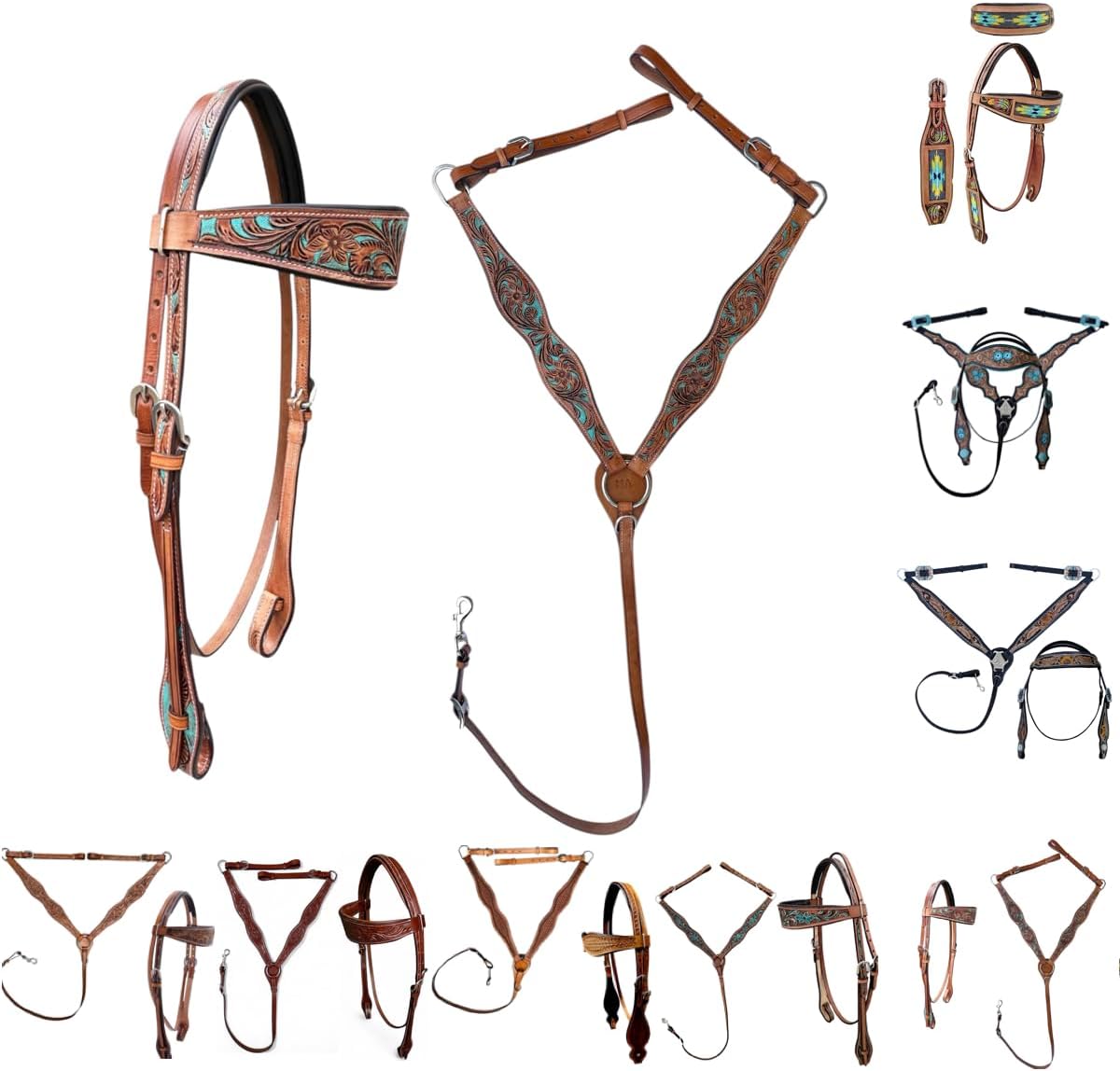 Tooled Leather Western Headstall & Breast Collar Set – Handcrafted Leather, Classic Western Tack, Multiple Styles &
