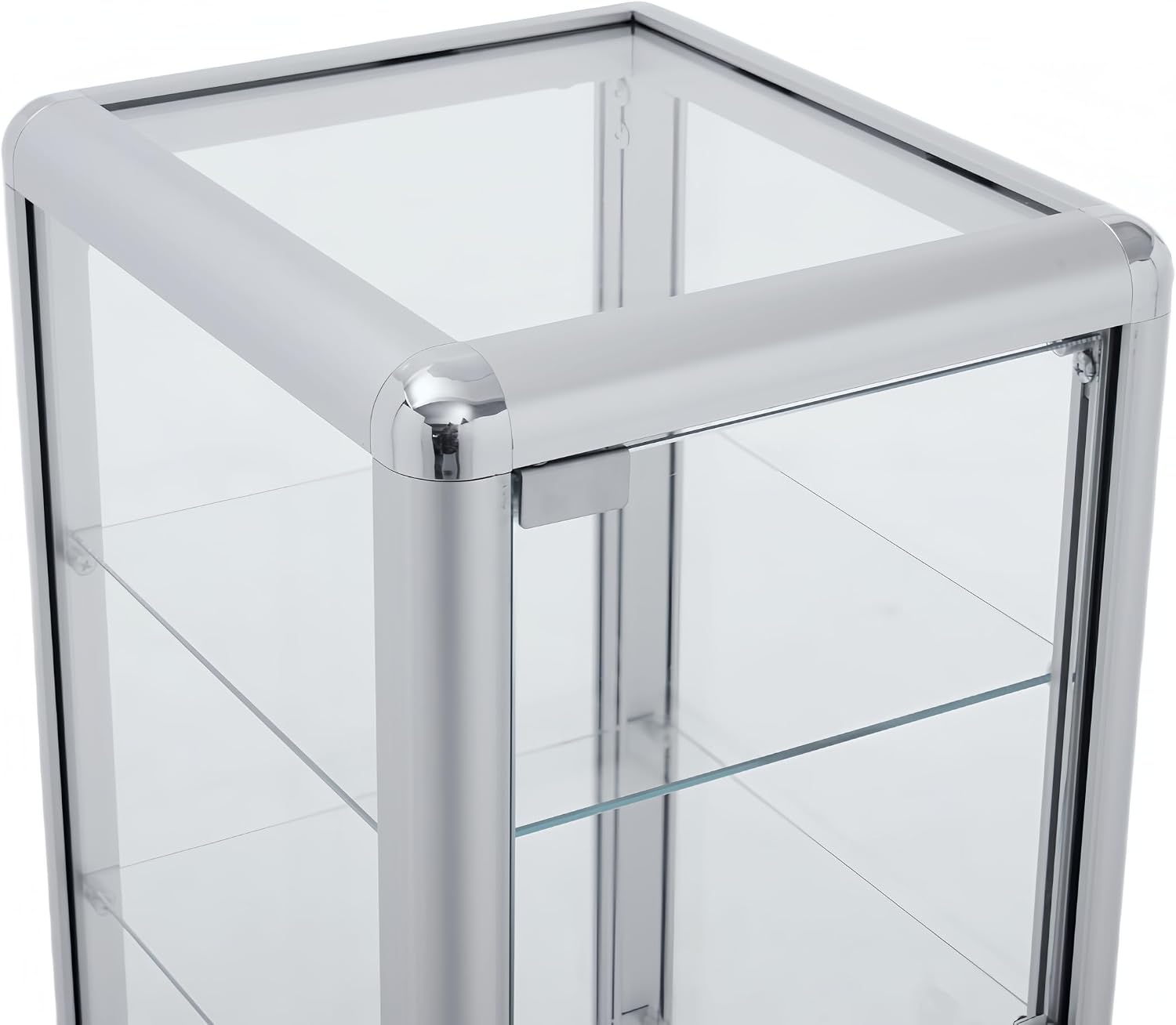 Tempered Glass Display Case, 4-Shelf, 12" D x 14" W x 27" H, Silver | Lockable, Countertop Showcase, Aluminum Frame
